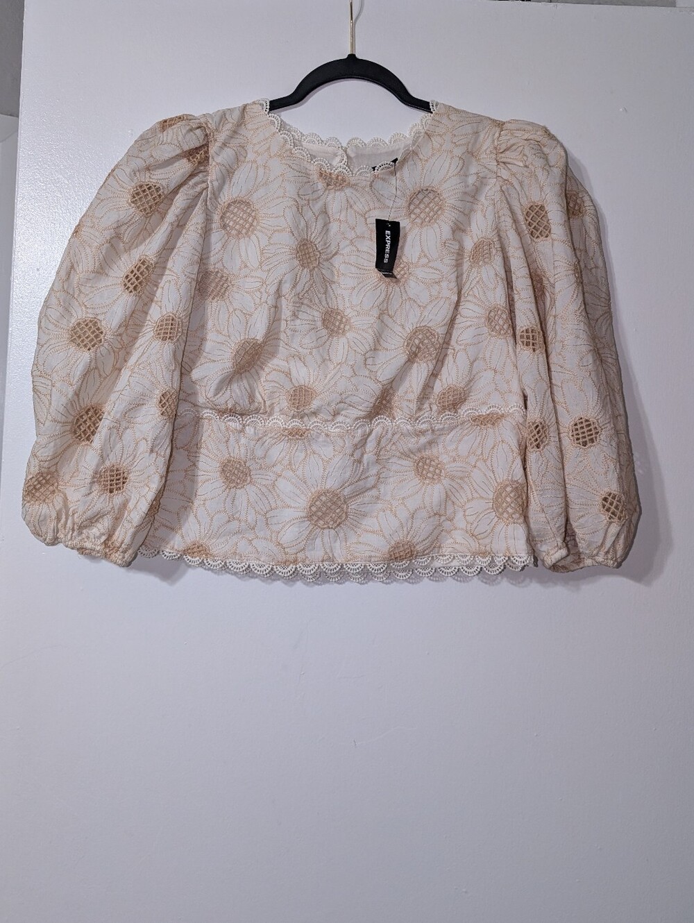 Express Cream and Tan Floral Eyelet Puff-Sleeve Top